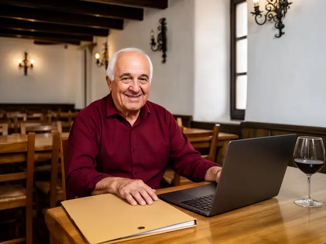 Smiling white-haired man in a dark red shirt at a wooden table with a laptop, folder and wine glass